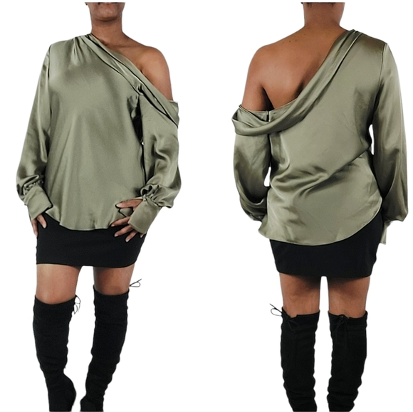 Jonathan Simkhai Olive Green Alice One-shoulder Draped Satin-Like Blouse - Picture 3 of 15